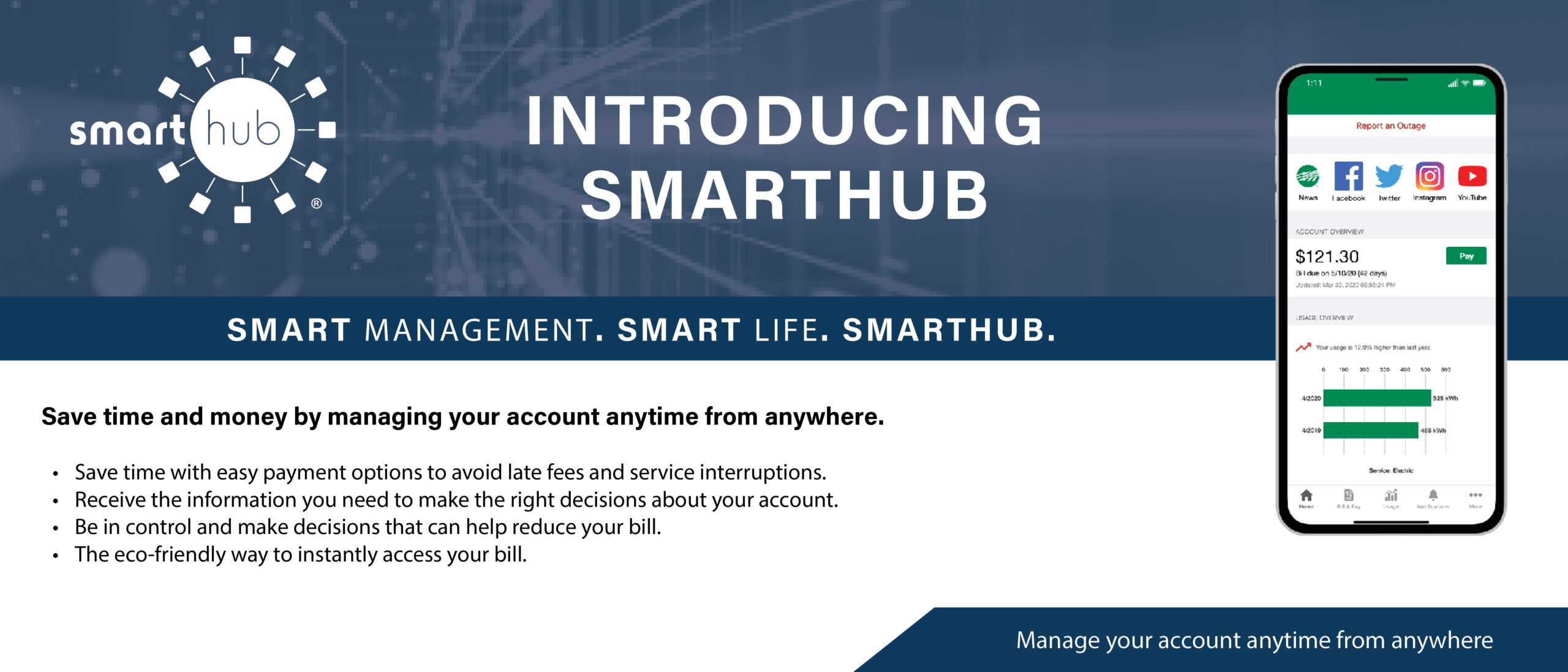Introducing SmartHub Save time with easy payment options Receive the information you need to make the right decisions about your account. Be in control and make decisions that can help reduce your bill. The eco-friendly way to instantly access your bill.