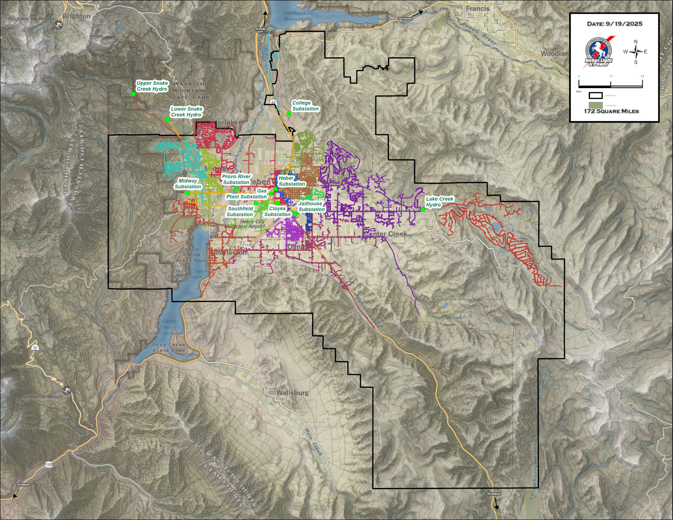 Map with boundaries drawn for the HLP Service territory including Heber, Charleston and Midway.